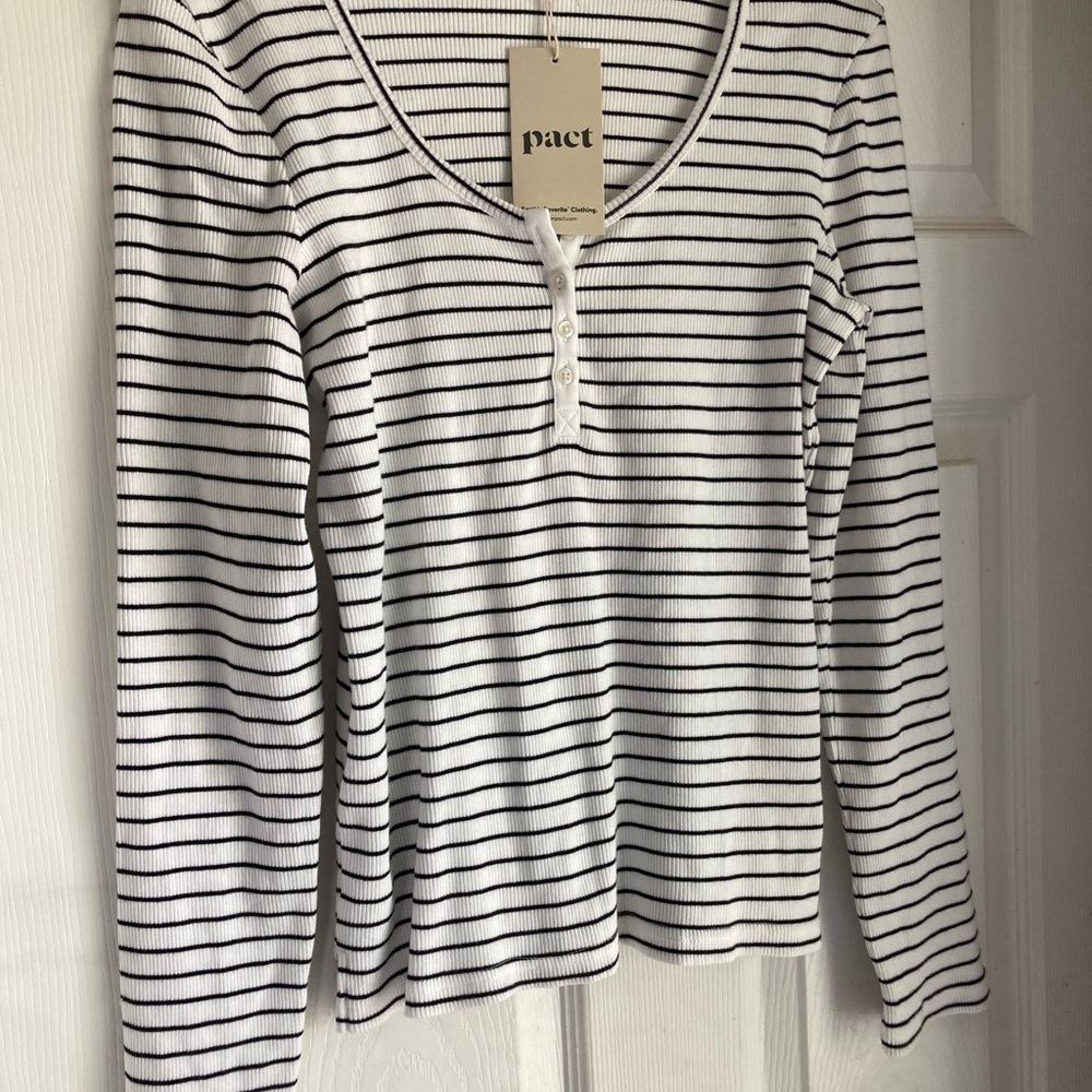 Pact Women's Striped Long Sleeve Top - Black and White 95% organic cotton Henley